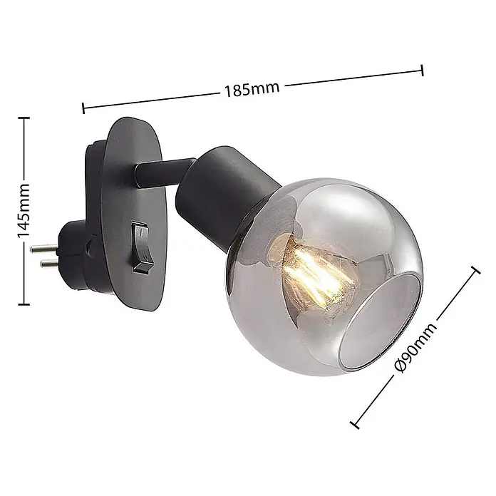 Lindby Wandleuchte Lioma - L x B x H: 18,5 x 9 x 14,5 cm, schwarz, schwarz, E14 - Schwarzer Stecker-Wandstrahler mit Rauchglasschirm und integriertem Schalter. Gesamtmaße: 145x185mm.