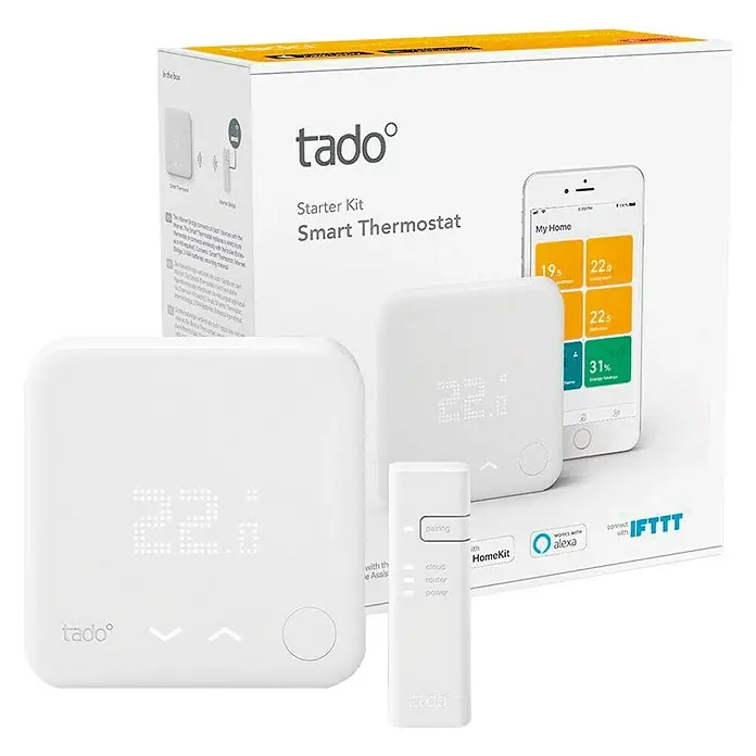Tado Smartes Juego de termostato Starter Kit V3+BR - Puente de internet, Control inteligente: App Tado - Imagen del kit de inicio de termostato inteligente Tado. Un sistema de termostato inteligente para controlar la temperatura ambiente con la aplicación.