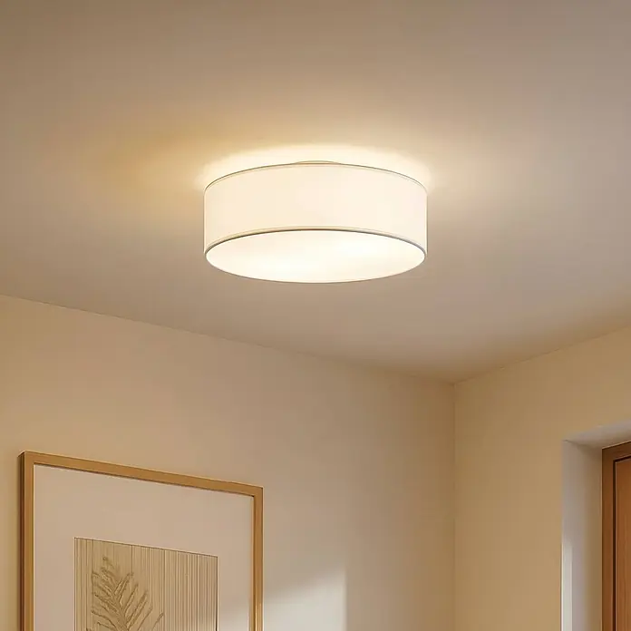 Lindby LED Textil Deckenleuchte rund 40 cm, Deckenlampe Stoff creme -  - Weiße, runde Stoff-Deckenleuchte spendet warmes Licht im Raum.