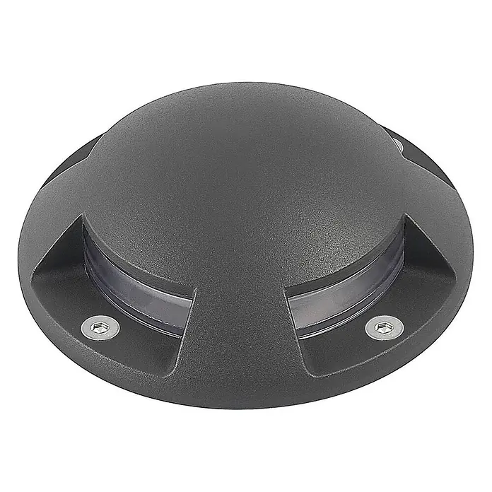 Lindby LED-Gartenstrahler Huban - 3.000 K - Anthrazitfarbene, runde Bodeneinbauleuchte, texturiert, mit klarer gebogener Linse und sichtbaren Sechskantschrauben.