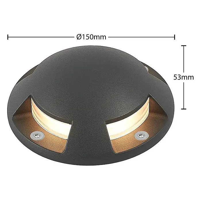 Lindby LED-Gartenstrahler Huban - 3.000 K - Rundes, dunkelgraues Bodeneinbauleuchte, Ø150mm, 53mm hoch, mit drei beleuchteten Öffnungen.