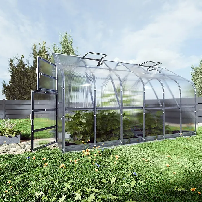 Klasika Greenhouses Gewächshaus Standart Klasika - Außenmaß inkl. Dachüberstand (B x T): 250 x 400 cm, Material Seitenwand: Kunststoff, 6 mm, Silbergrau - Gewächshaus aus Polycarbonat mit dunkelgrauem Rahmen, offener Tür, Dachluken und Pflanzen innen, im Garten.
