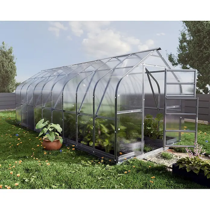 Klasika Greenhouses Gewächshaus Standart Klasika - Außenmaß inkl. Dachüberstand (B x T): 250 x 600 cm, Material Seitenwand: Kunststoff, 4 mm, Silbergrau - Ein geräumiges Polycarbonat-Gewächshaus mit silbernem Metallrahmen in einem Garten mit Pflanzen. Die Vordertür ist geöffnet.