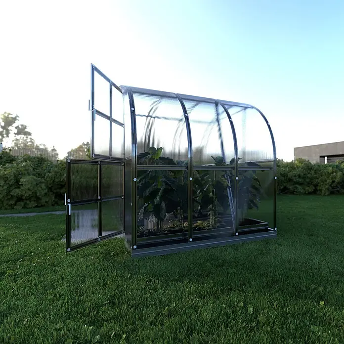 Klasika Greenhouses Gewächshaus Arch Klasika - Außenmaß inkl. Dachüberstand (B x T): 300 x 200 cm, Material Seitenwand: Kunststoff, 6 mm, Silbergrau - Gewölbtes Polycarbonat-Gewächshaus mit dunklem Rahmen im Garten, Tür offen, Pflanzen innen sichtbar.