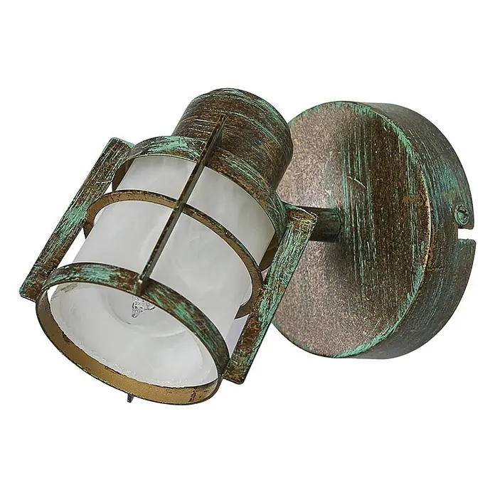 Lindby Wandleuchte Giorgi - bronze / altmessing, E14 - Rostbraune Wandleuchte mit grüner Patina, zylindrischem weißen Glasdiffusor in Metallkäfig und runder Basis.