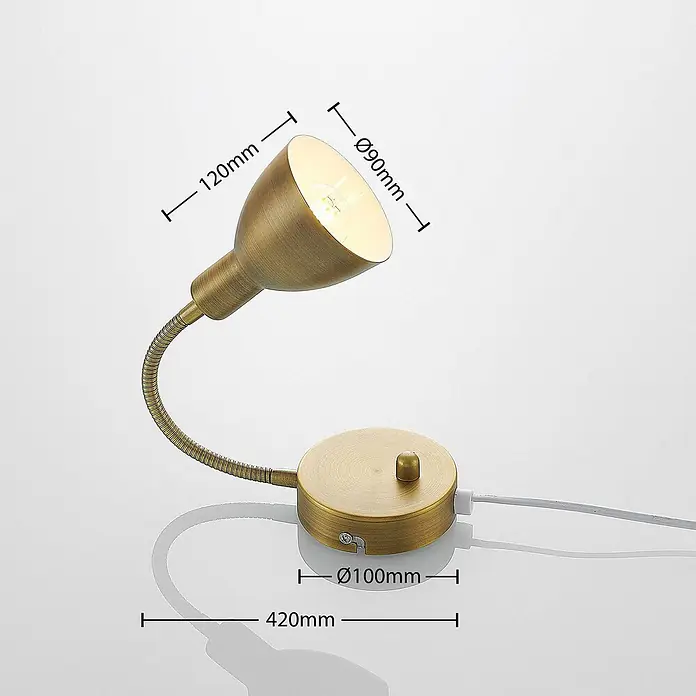 Lindby Wandleuchte Amrei - bronze / altmessing, bronze / altmessing, E14 - Flexible Schwanenhalslampe aus Messing mit rundem Sockel. Schirm: Ø90mm, Länge 120mm. Sockel: Ø100mm. Gesamtlänge: 420mm.