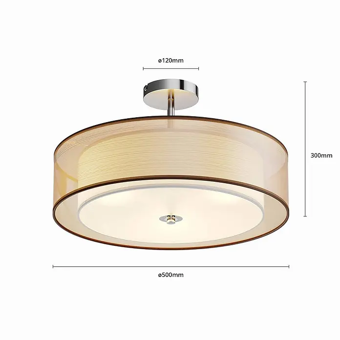 Lindby Deckenleuchte Pikka - braun / rost, E27 - Runde braune Stoff-Deckenleuchte mit weißem Diffusor und Chrom-Details.