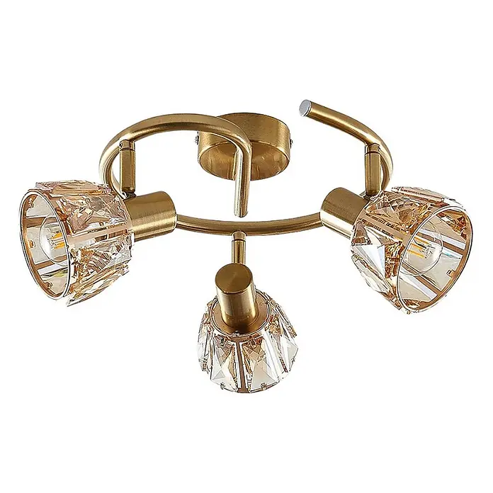 Lindby Deckenleuchte Kosta - messing / gold, E14 - Messingfarbener Dreifach-Deckenstrahler mit facettierten bernsteinfarbenen Kristallschirmen.