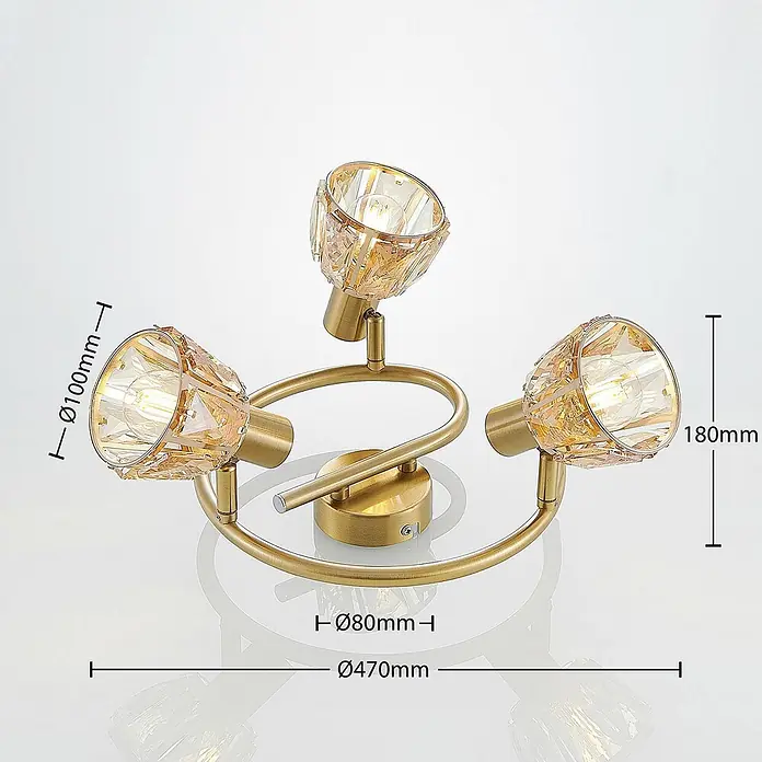 Lindby Deckenleuchte Kosta - messing / gold, E14 - Goldfarbene runde 3-Flammen-Spotleuchte mit facettierten Glasschirmen für Decken- oder Wandmontage.