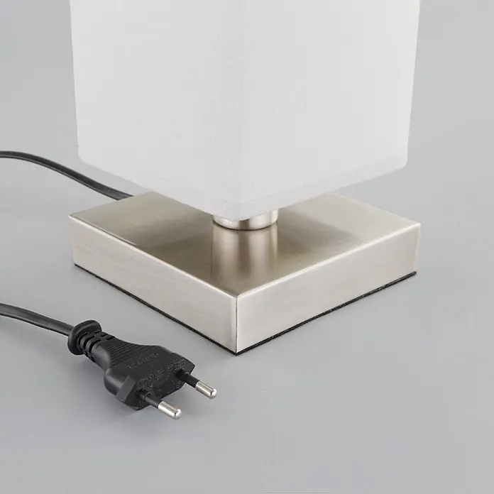 Lindby Tischleuchte Julina - L x B x H: 12 x 12 x 35 cm, alu / grau / zink, alu / grau / zink, E14 - Quadratische Tischlampe mit weißem Stoffschirm, gebürsteter Metallbasis und schwarzem Eurostecker.