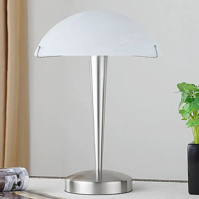 Lindby Tischleuchte Viola - L x B x H: 26 x 26 x 36 cm, alu / grau / zink, weiß / opal, E14 - Weiße Glas-Pilz-Tischlampe mit gebürstetem Metallsockel und -ständer.