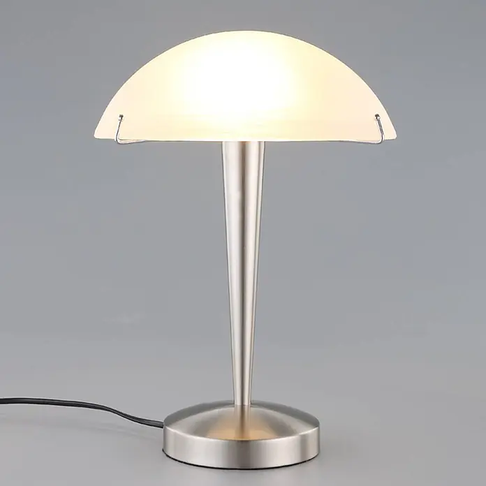 Lindby Tischleuchte Viola - L x B x H: 26 x 26 x 36 cm, alu / grau / zink, weiß / opal, E14 - Gebürstete Metall-Tischlampe mit leuchtendem, mattiertem Glasschirm für warmes Licht.