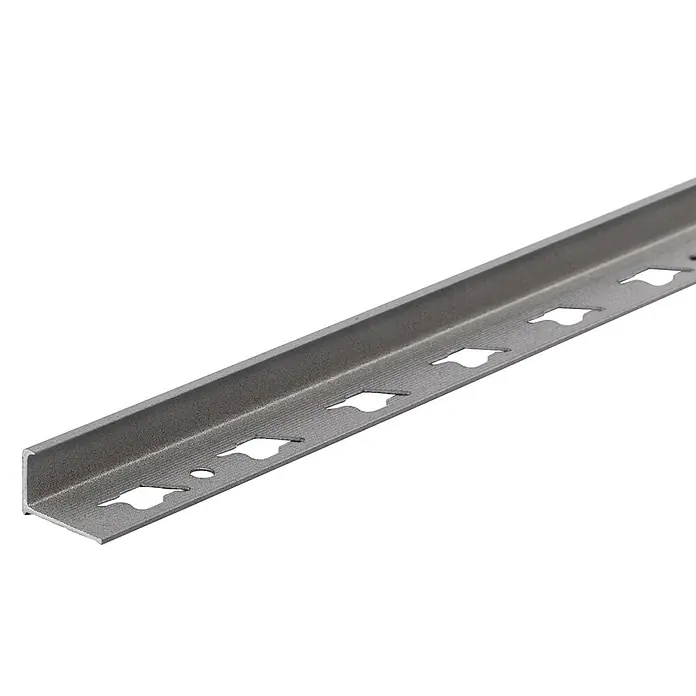 Fliesenprofil - L x H: 2.500 x 10 mm, Grau, Aluminium, Matt - Graues Metall-L-Profil mit perforiertem Flansch, zum Kantenschutz.