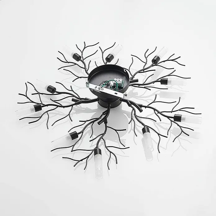 Lindby Deckenleuchte Bigna - L x B x H: 68 x 68 x 12,5 cm, braun / rost, G9 - Schwarze Metall-Deckenleuchte im Ast-Design mit mehreren mattierten Glas-Leuchtenschirmen.