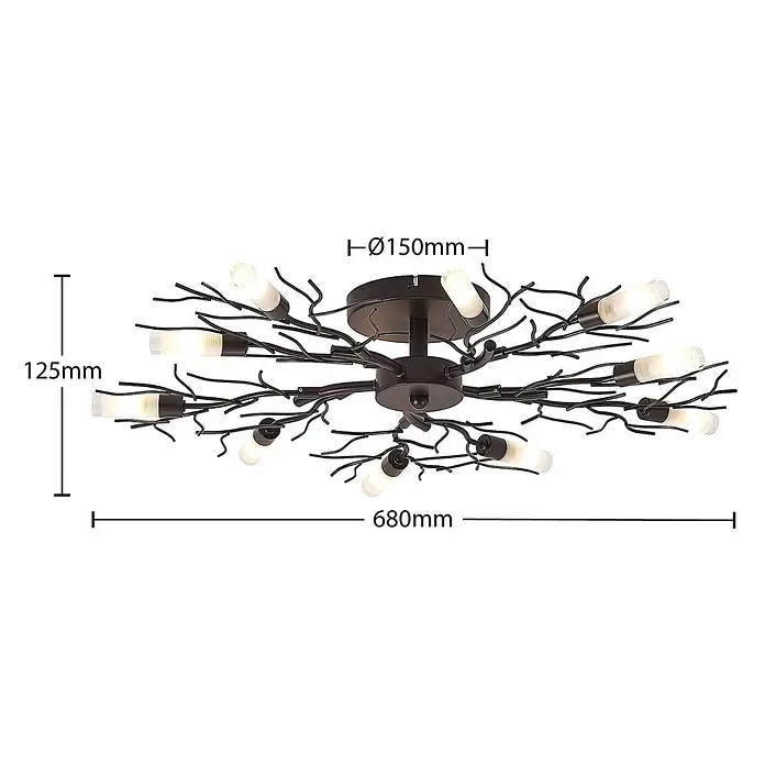 Lindby Deckenleuchte Bigna - L x B x H: 68 x 68 x 12,5 cm, braun / rost, G9 - Dunkelbraune, astförmige Deckenleuchte mit 12 Milchglasabdeckungen. 680mm breit, 125mm hoch.