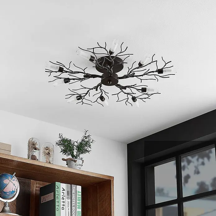Lindby Deckenleuchte Bigna - L x B x H: 68 x 68 x 12,5 cm, braun / rost, G9 - Dunkle Deckenleuchte im Ast-Stil mit mehreren mattierten Glasschirmen, die einen Raum beleuchtet.