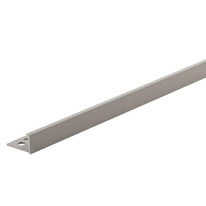 Fliesenprofil - L x H: 2.500 x 10 mm, Beige, Aluminium, Matt - Silbernes L-förmiges Aluminium-Fliesenprofil mit gelochtem Befestigungssteg.