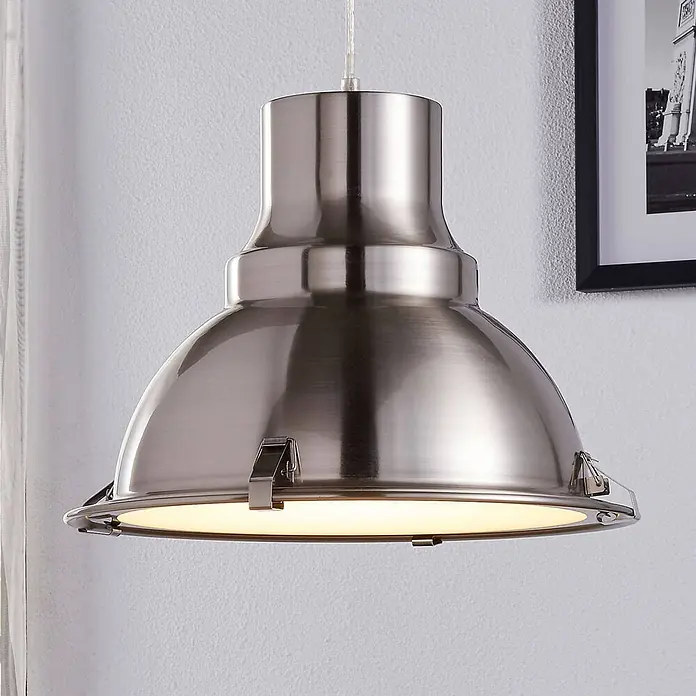 Lindby Pendelleuchte Letty - alu / grau / zink, nickel satiniert, gefrostet, E27 - Pendelleuchte im Industriestil aus gebürstetem Metall, mit warmem Licht.