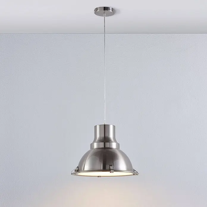 Lindby Pendelleuchte Letty - alu / grau / zink, nickel satiniert, gefrostet, E27 - Gebürstete Edelstahl-Pendelleuchte im Industriestil.