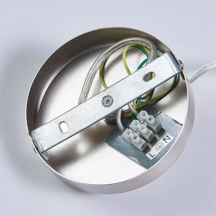 Lindby Pendelleuchte Letty - alu / grau / zink, nickel satiniert, gefrostet, E27 - Metallische Deckenrosette mit interner Verkabelung, Anschlussklemme (L, N, Erde) und Montagehalterung.