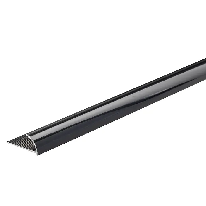 Fliesenprofil Viertelkreis - L x H: 1.000 x 10 mm, Schwarz, Aluminium, Glänzend - Schwarzes Metall-Fliesenprofil mit abgerundeter Oberseite und gerippter Unterseite.