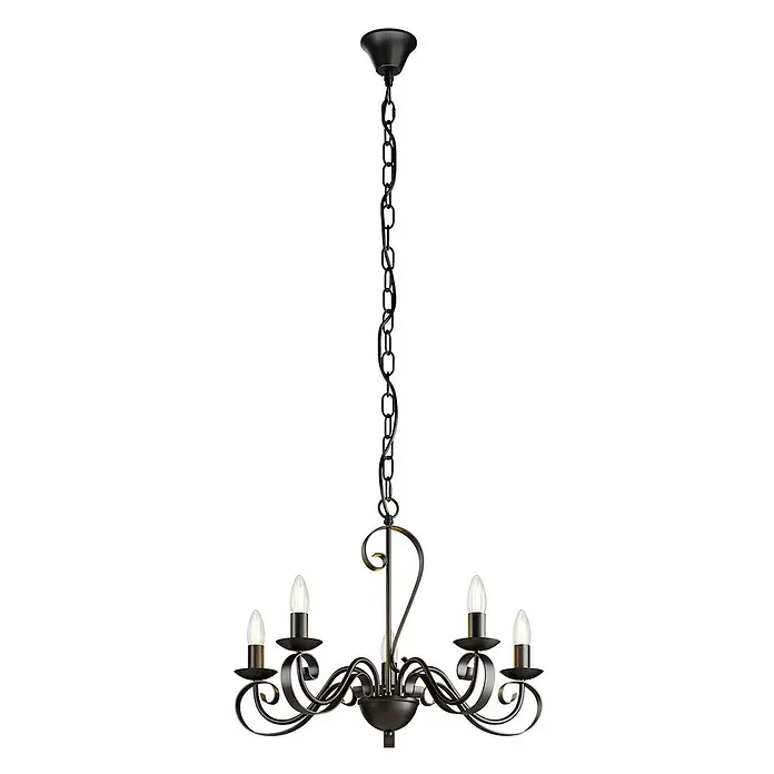 Lindby Kronleuchter Shervan - antikbraun, E14 - Schwarzer Metall-Kronleuchter mit fünf Kerzenlampen, an einer Kette hängend.