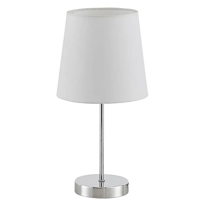 Lindby Tischleuchte Leza - chrom / silber, weiß / opal, E14 - Tischleuchte mit weißem Textilschirm und verchromtem Metallfuß.