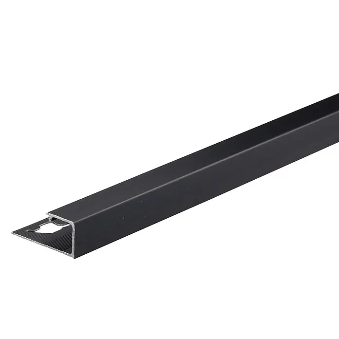 Quadroprofil - L x H: 2.500 x 10 mm, Schwarz, Aluminium, Glänzend - Schwarze L-förmige Aluminium-Fliesenleiste mit perforiertem und geriffeltem Schenkel.
