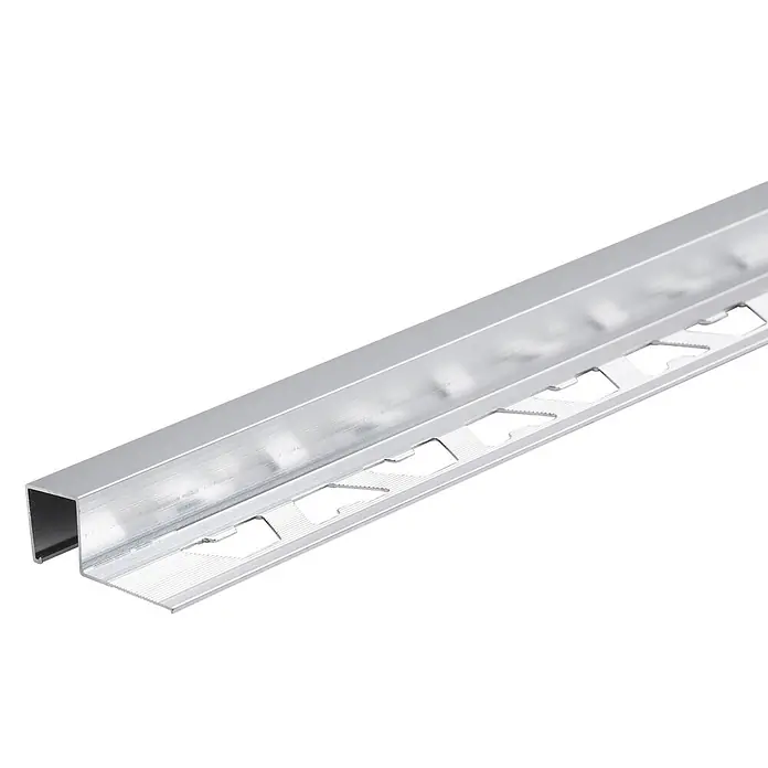 Quadroprofil - L x H: 1.000 x 12,5 mm, Silber, Aluminium, Glänzend - Silbernes Metallfliesenprofil mit U-Kanal und perforiertem Ankerflansch.