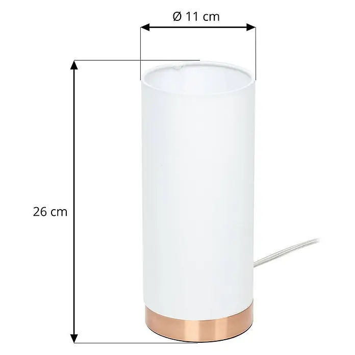 Lindby Tischleuchte Ronja - L x B x H: 11 x 11 x 26 cm, kupfer, weiß / opal, E14 - Weiß-zylindrische Tischlampe mit kupferfarbenem Sockel. 26 cm hoch, 11 cm Durchmesser.