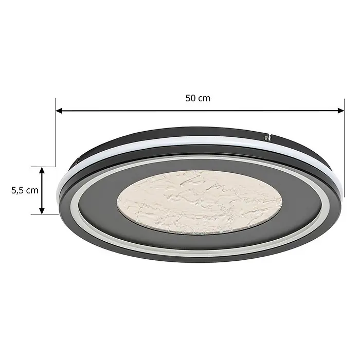 Lucande Deckenleuchte Tillian - L x B x H: 50 x 50 x 5,5 cm, schwarz, schwarz - Runde schwarze LED-Deckenleuchte, Ø 50 cm, H 5,5 cm, mit weißem Ring und strukturierter hellfarbener Mitte.