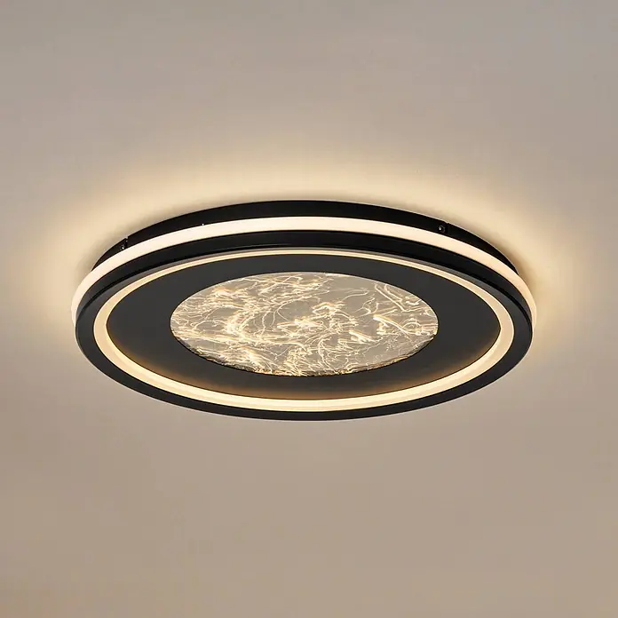 Lucande Deckenleuchte Tillian - L x B x H: 50 x 50 x 5,5 cm, schwarz, schwarz - Runde schwarze LED-Deckenleuchte mit zwei konzentrischen Leuchtringen und einer strukturierten, beleuchteten Mitte.