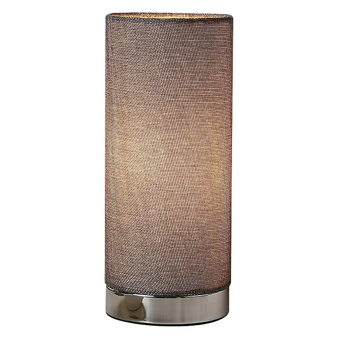 Lindby Tischleuchte Ronja - alu / grau / zink, E14 - Zylindrische Tischlampe mit dunklem, gewebtem Stoffschirm und silbernem Metallsockel, beleuchtet.