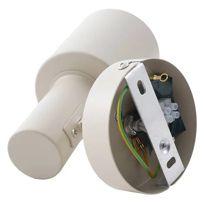 Lindby Wandstrahler Ovelia - creme / amber, creme / amber, E27 - Beiger zylindrischer Strahler mit offener Montageplatte, zeigt interne Verkabelung und Anschlussklemme.