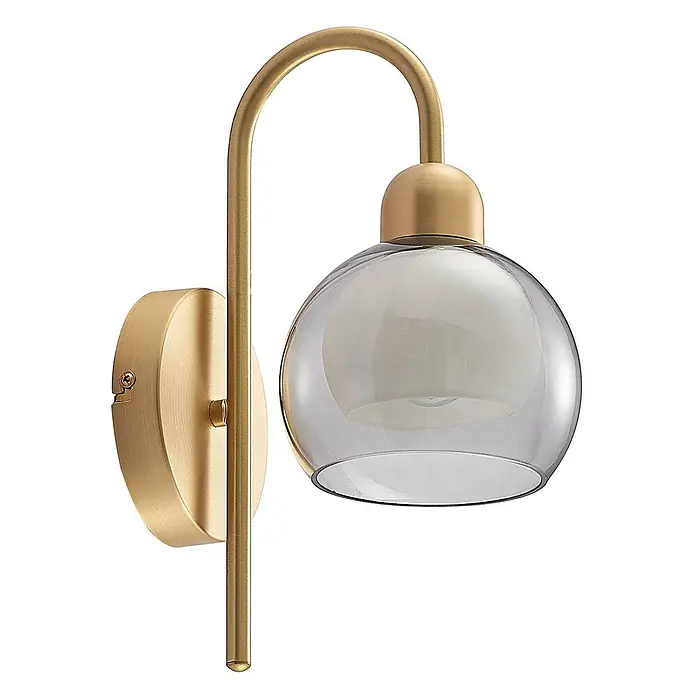 Lucande Wandleuchte Mylah - messing / gold, weiß / opal, E14 - Goldene Wandleuchte mit gebogenem Arm und Rauchglas-Kugelschirm.