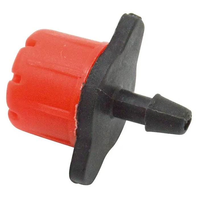 Gotero lineal regulable - 70 l/h, 50 ud. - La imagen muestra un gotero de riego rojo con un conector negro, una herramienta esencial para el riego preciso del jardín.