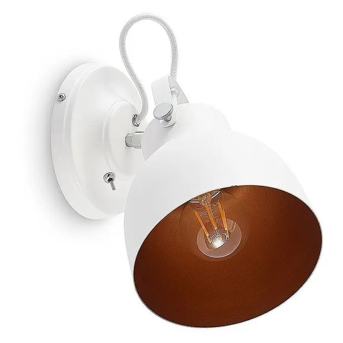 Lindby Wandleuchte Adirta - weiß / opal, weiß / opal, E27 - Weiße Wandlampe mit kupferfarbener Innenseite, freiliegender Glühbirne und Kippschalter.