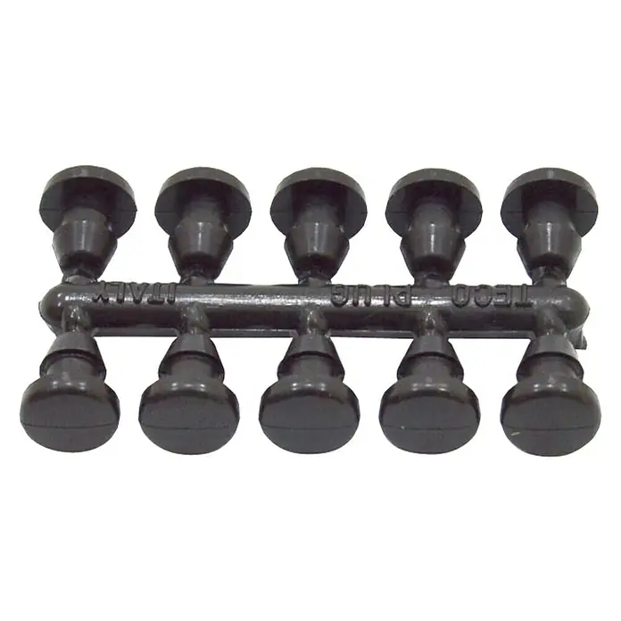 Tapón final Goteo - Diámetro: 4 mm, 10 ud. - En la imagen se muestra una tira de tapones negros TECO, fabricada en Italia, para su uso en instalaciones sanitarias.
