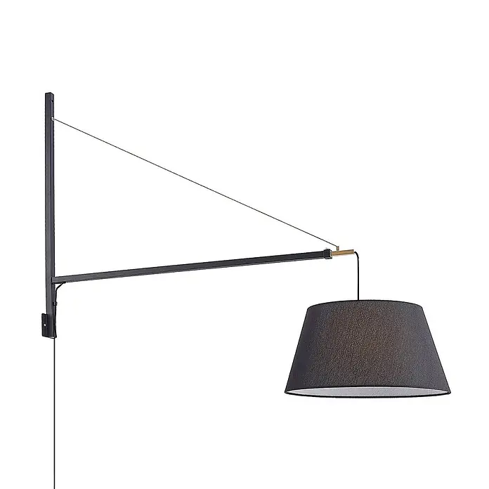 Lucande Wandleuchte Beleza - schwarz, schwarz, E27 - Schwarze Wandleuchte mit langem Arm, Spannseil und dunklem Stoffschirm, mit Messingakzenten.