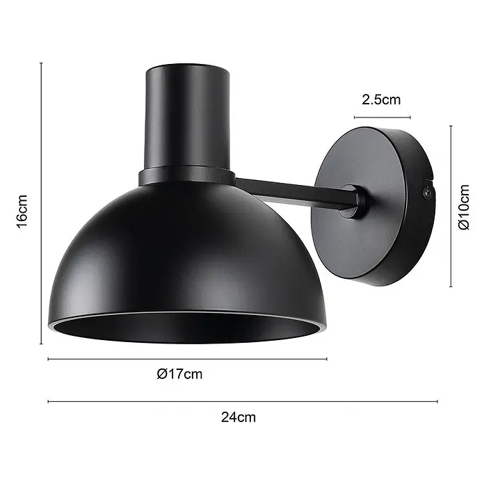 Lucande Wandleuchte Mostrid - L x B x H: 24 x 17 x 19,3 cm, schwarz, schwarz, E27 - Mattschwarze Metall-Wandleuchte mit Kuppelschirm.