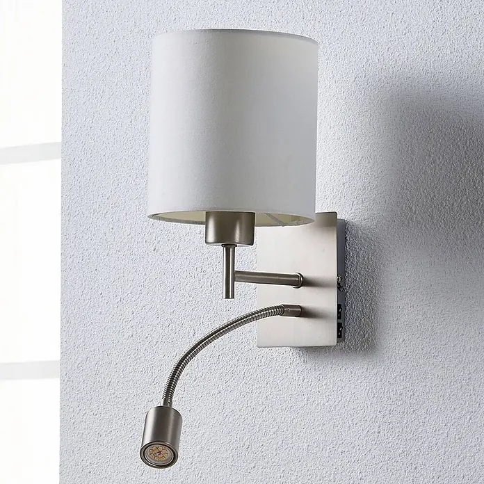 Lindby Wandleuchte Camilo - alu / grau / zink, E27 - Wandleuchte aus gebürstetem Nickel mit weißem Stoffschirm und flexibler LED-Leselampe.