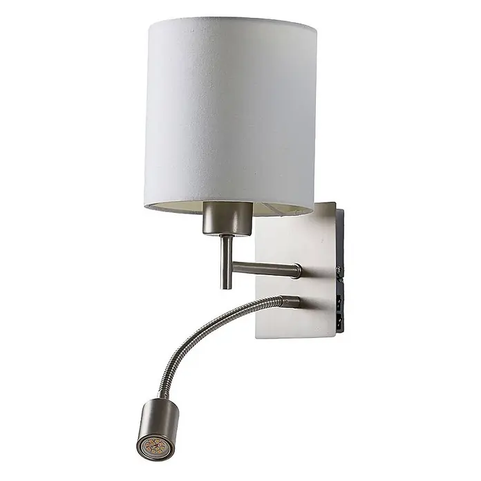 Lindby Wandleuchte Camilo - alu / grau / zink, E27 - Wandleuchte mit weißem Stoffschirm und gebürsteter Metallbasis, mit flexibler LED-Leseleuchte.