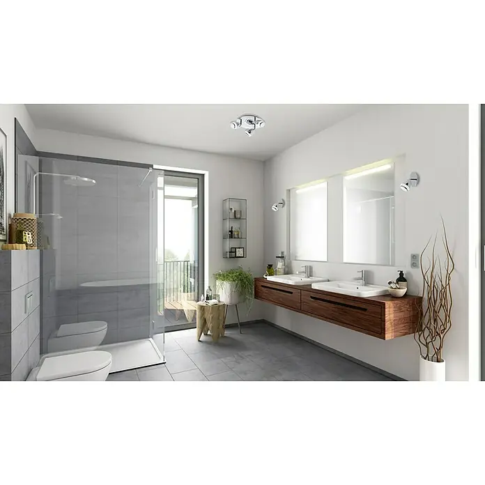 Briloner Foco de pared LED - 4 W, L x An x Al: 11,5 x 7 x 9,2 cm, Cromo, Blanco neutro - Un baño con ducha, tocador doble y lámpara de techo. El diseño minimalista proporciona un ambiente moderno y elegante.