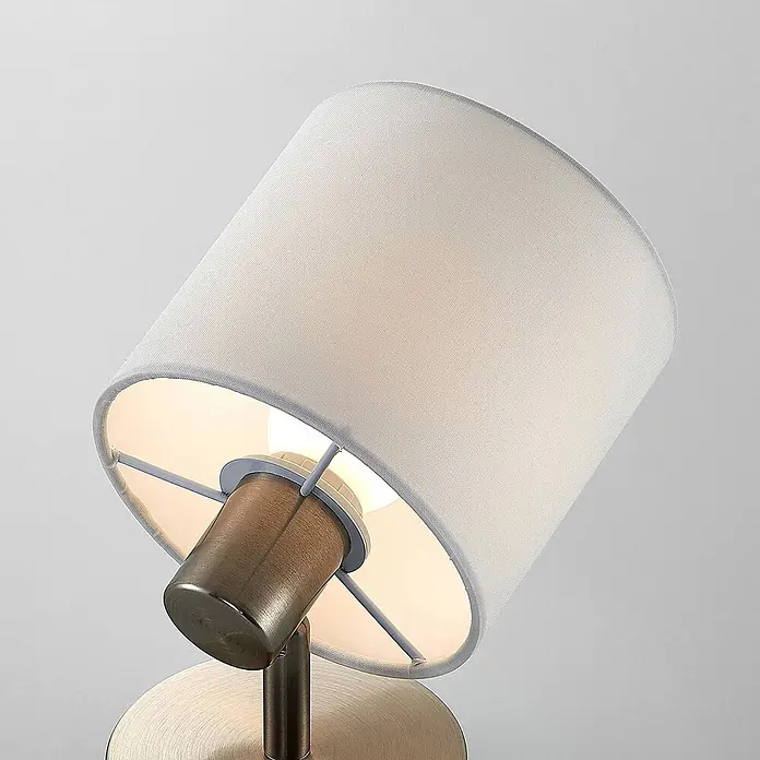 Lindby Wandleuchte Stannis - L x B x H: 10 x 12 x 17,6 cm, alu / grau / zink, weiß / opal, E14 - Verstellbare Tischlampe mit hellem Stoffschirm und gebürstetem Metallfuß/-arm, spendet weiches Licht.