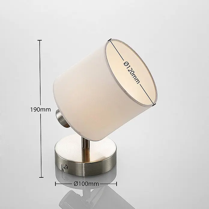 Lindby Wandleuchte Stannis - L x B x H: 10 x 12 x 17,6 cm, alu / grau / zink, weiß / opal, E14 - Verstellbarer Spot mit cremefarbenem Stoffschirm und gebürstetem Metallsockel.