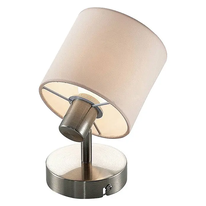 Lindby Wandleuchte Stannis - L x B x H: 10 x 12 x 17,6 cm, alu / grau / zink, weiß / opal, E14 - Verstellbare Tischlampe mit beigefarbenem Textilschirm und gebürstetem Metallsockel mit Spotlichthalter.