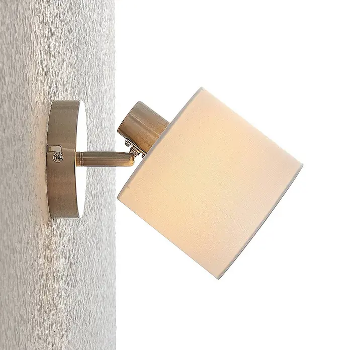 Lindby Wandleuchte Stannis - L x B x H: 10 x 12 x 17,6 cm, alu / grau / zink, weiß / opal, E14 - Wandleuchte aus gebürstetem Metall mit verstellbarem Arm und quadratischem, cremefarbenem Stoffschirm.
