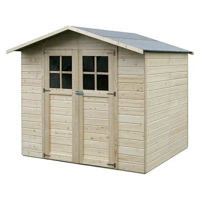 Décor et Jardin Gerätehaus Lode - Außenmaß inkl. Dachüberstand (B x T): 212 x 182 cm, Wandstärke: 12 mm, Natur - Holzgartenhaus mit Doppeltür und Fenstern für Werkzeug und Gartengeräte.