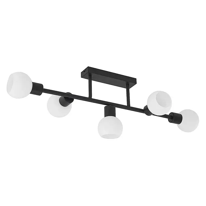 Lindby Deckenleuchte Biscala - schwarz, E14 - Schwarze Deckenleuchte mit rechteckiger Basis, horizontaler Stange und fünf weißen Kugelgläsern.