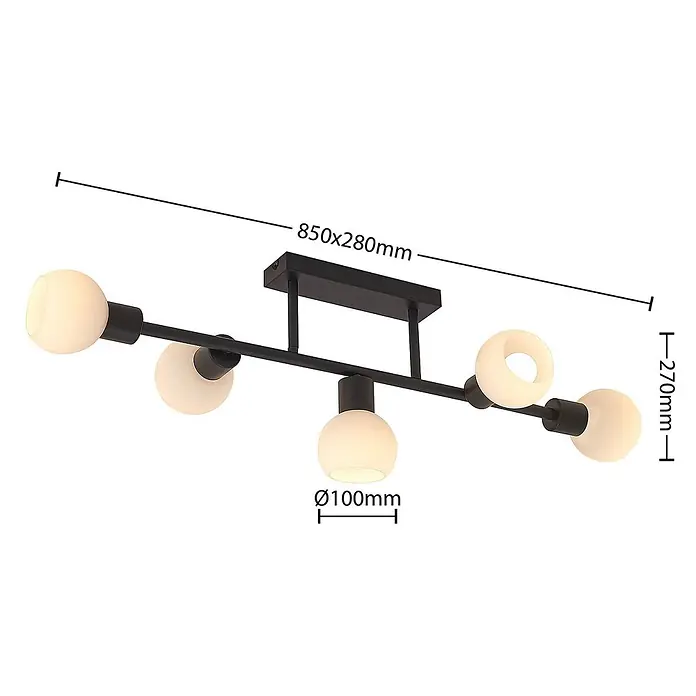 Lindby Deckenleuchte Biscala - schwarz, E14 - Schwarze Metall-Deckenleuchte mit fünf weißen sphärischen und runden Diffusoren, 850x280x270mm.